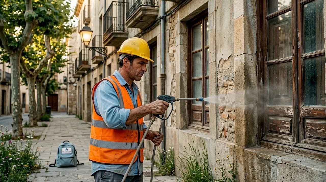 Profesional aplicando un tratamiento impermeabilizante en la fachada de un edificio