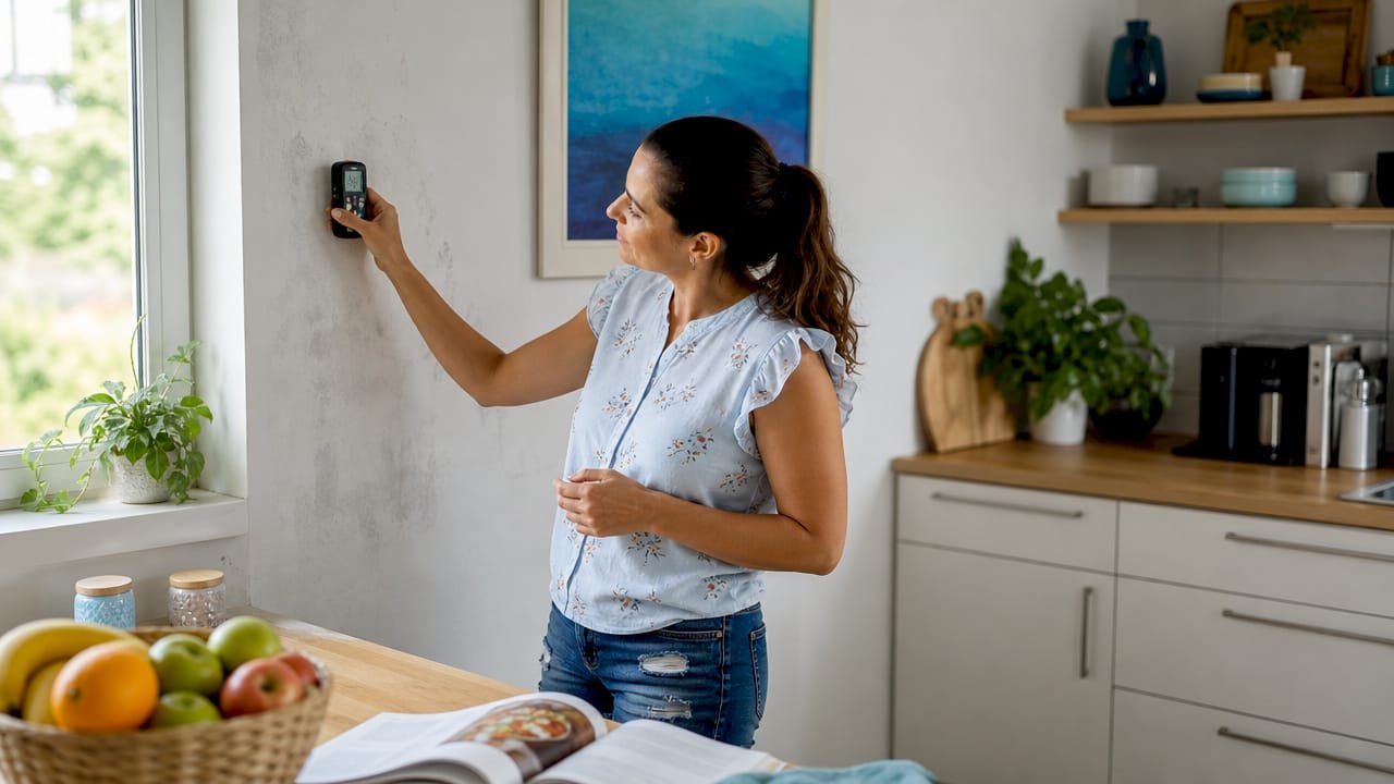 Persona comprobando el nivel de humedad en una pared interior