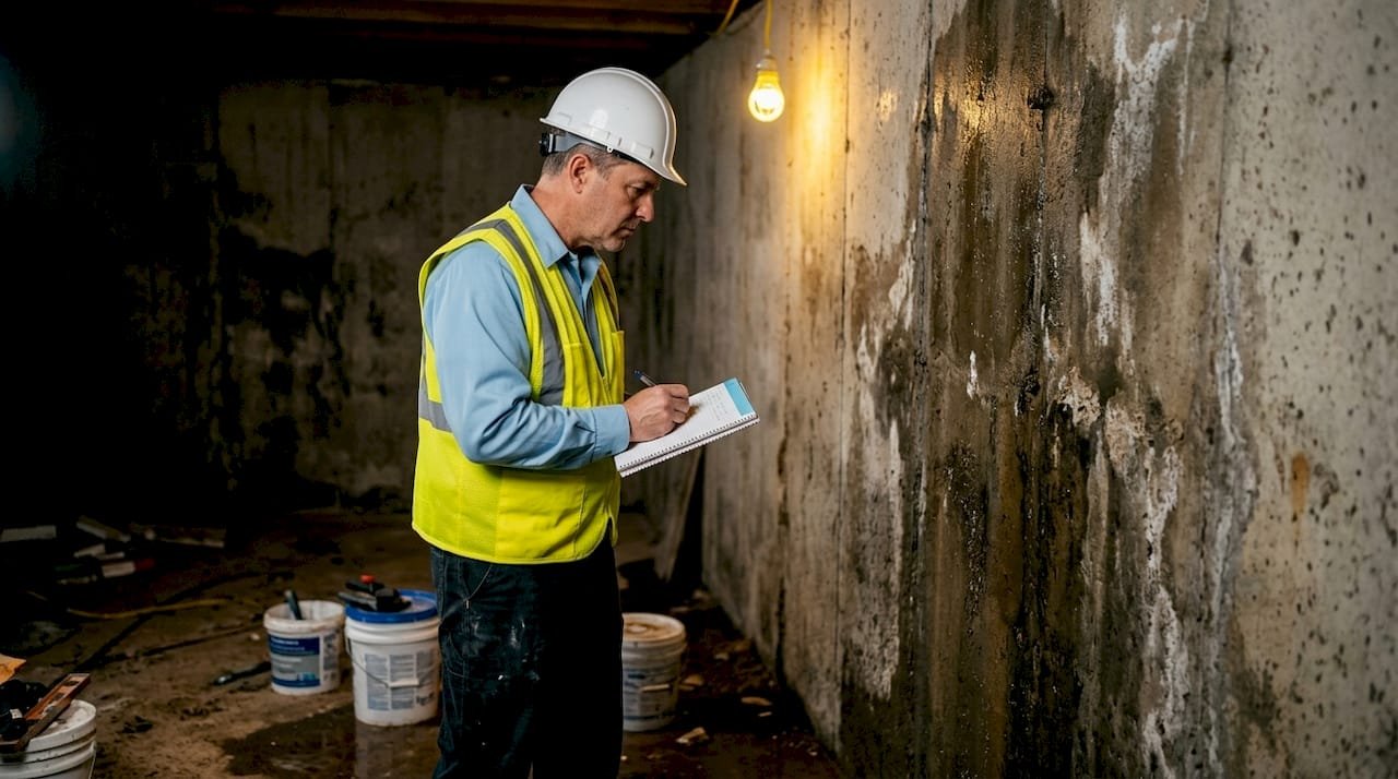 Profesional revisando el muro soterrado del sótano