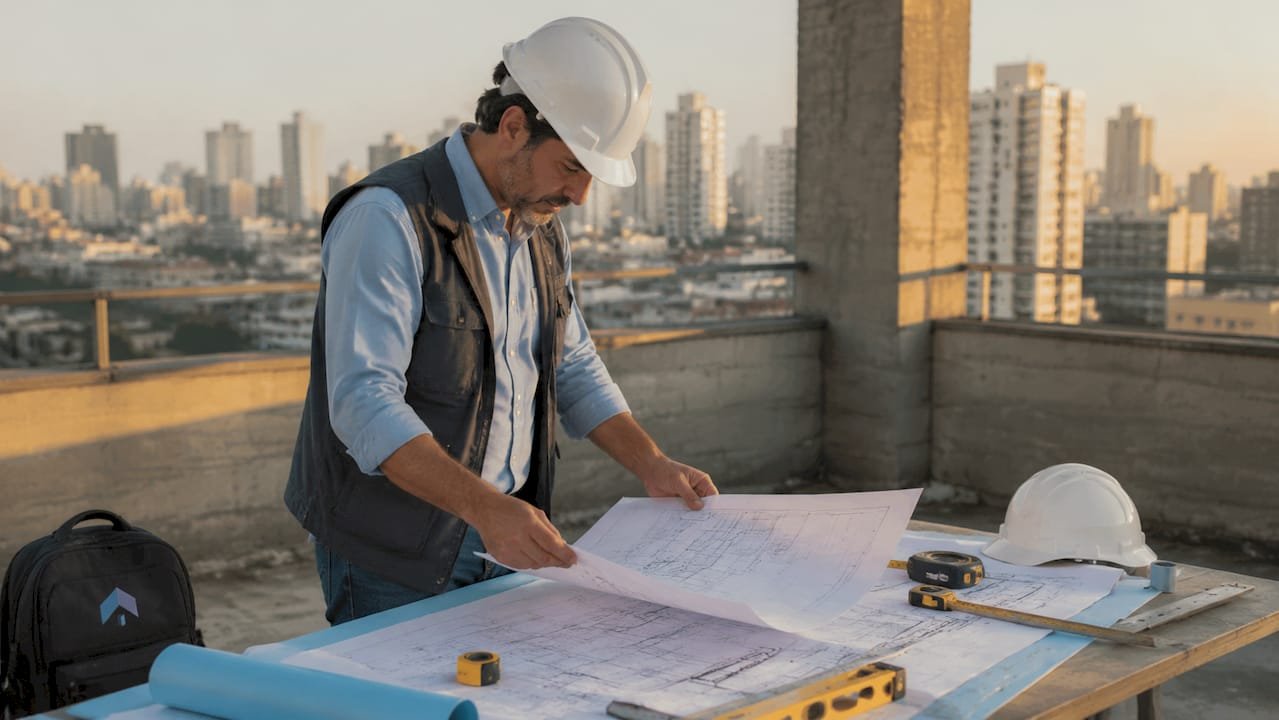 Profesional de ingeniería revisando los planos de impermeabilización en el departamento técnico.