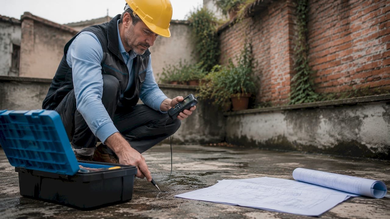 Especialista inspeccionando el trabajo de impermeabilización en la azotea