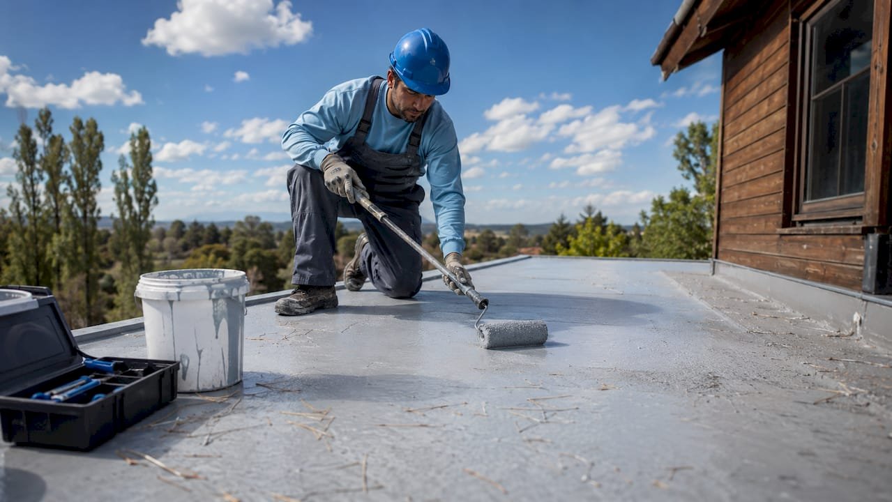 Especialista impermeabilizando el techo de una casa con membrana líquida