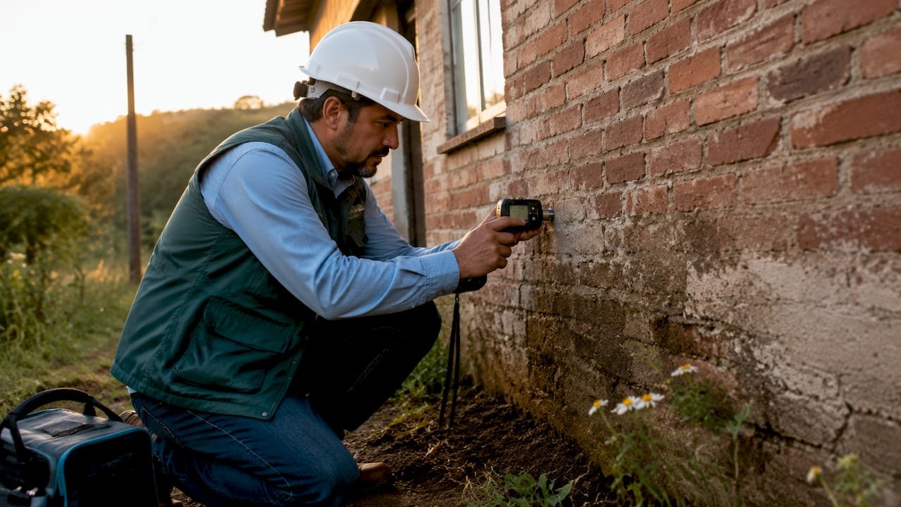 Un inspector verifica el nivel de humedad en la pared de los cimientos.