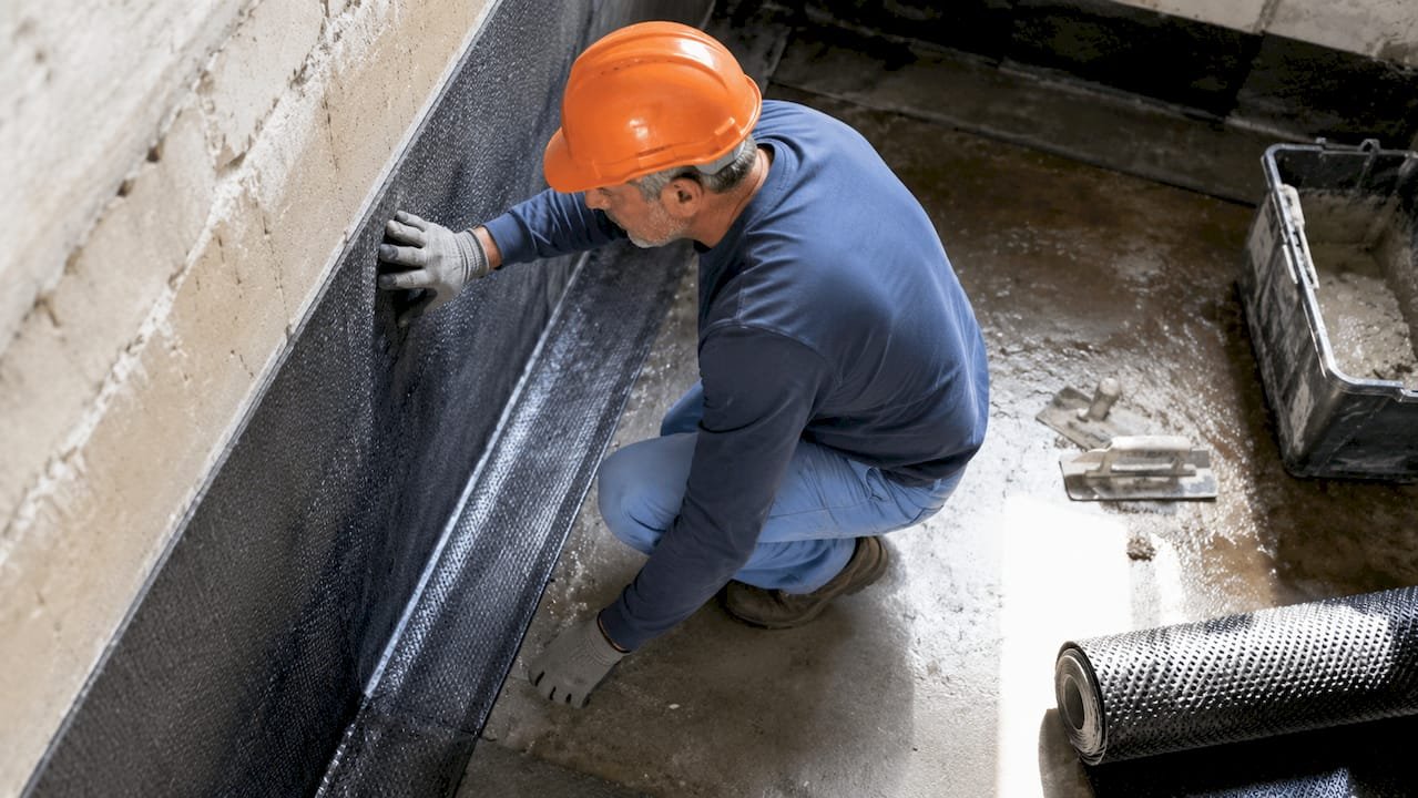 Operario de construcción revisando la impermeabilización de una obra