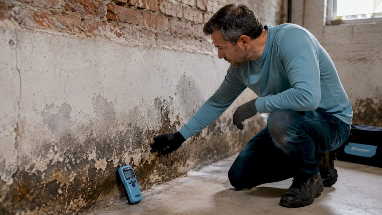 Un técnico con uniforme celeste inspecciona detenidamente una pared.