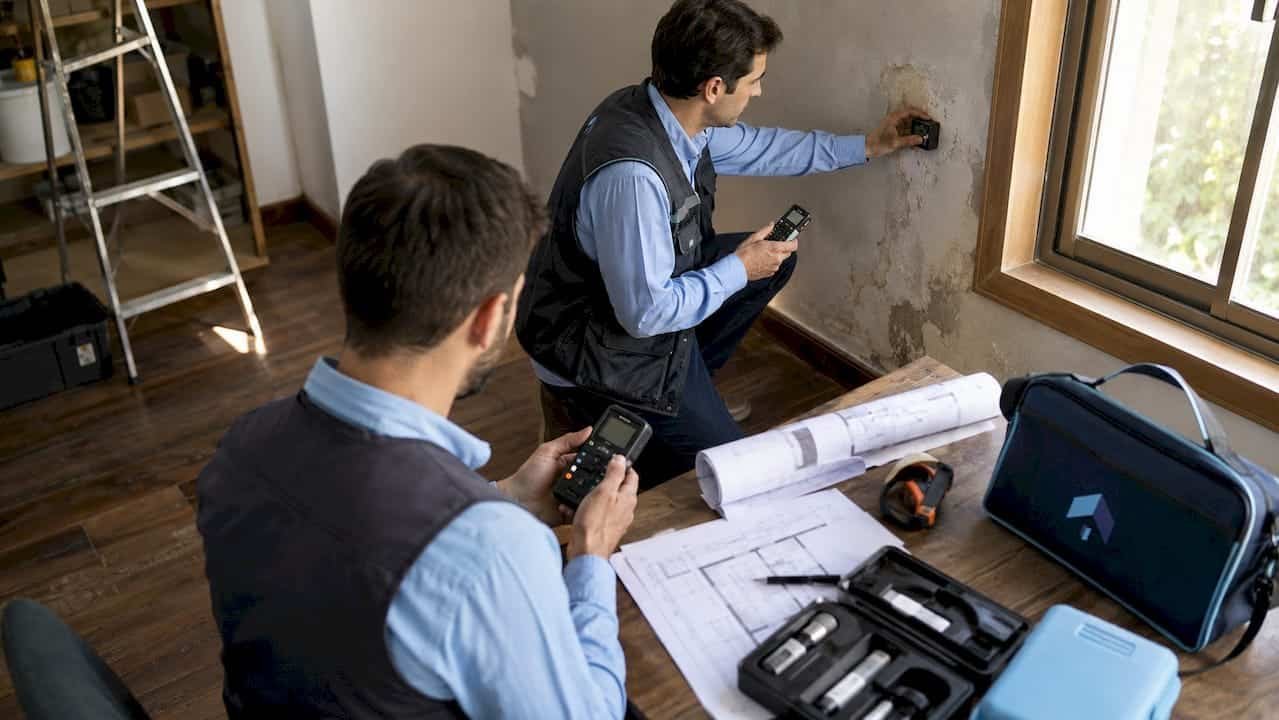 Personal técnico, vestidos con uniformes celestes, lleva a cabo la instalación de sensores higrotérmicos.