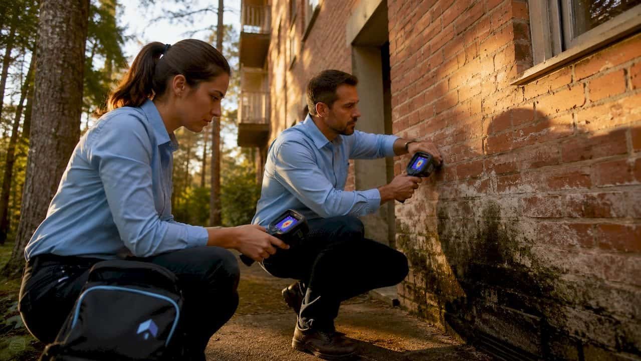 Especialistas inspeccionando las paredes exteriores para detectar problemas de humedad