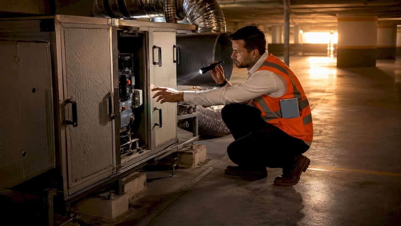 Especialista inspeccionando el sistema de ventilación en un garaje