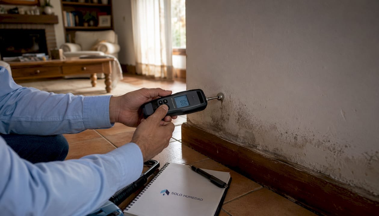 Manos comprobando la humedad en una pared afectada por capilaridad