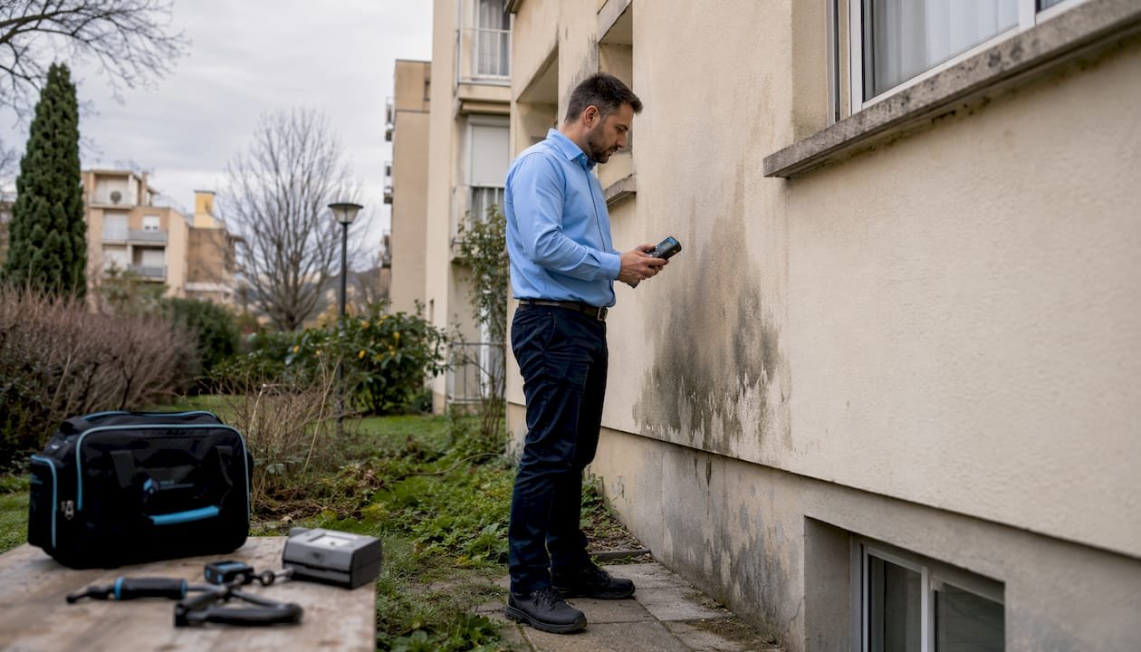 Un técnico vestido con camisa celeste revisa la humedad en una pared del interior de la vivienda.