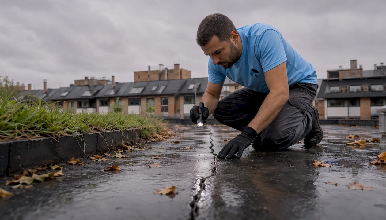 Un especialista inspecciona la aparición de humedades en la azotea del edificio.