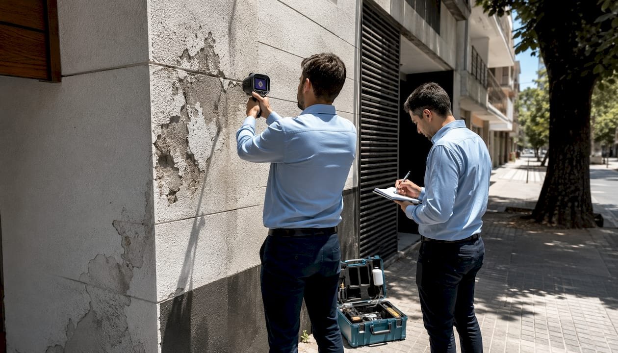 Especialistas revisando la fachada para detectar problemas de humedad