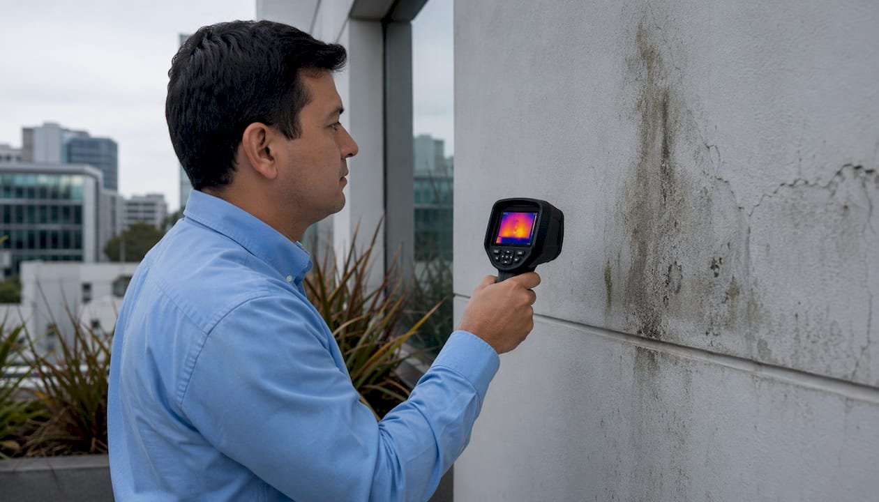 Especialista inspeccionando las zonas afectadas por humedad
