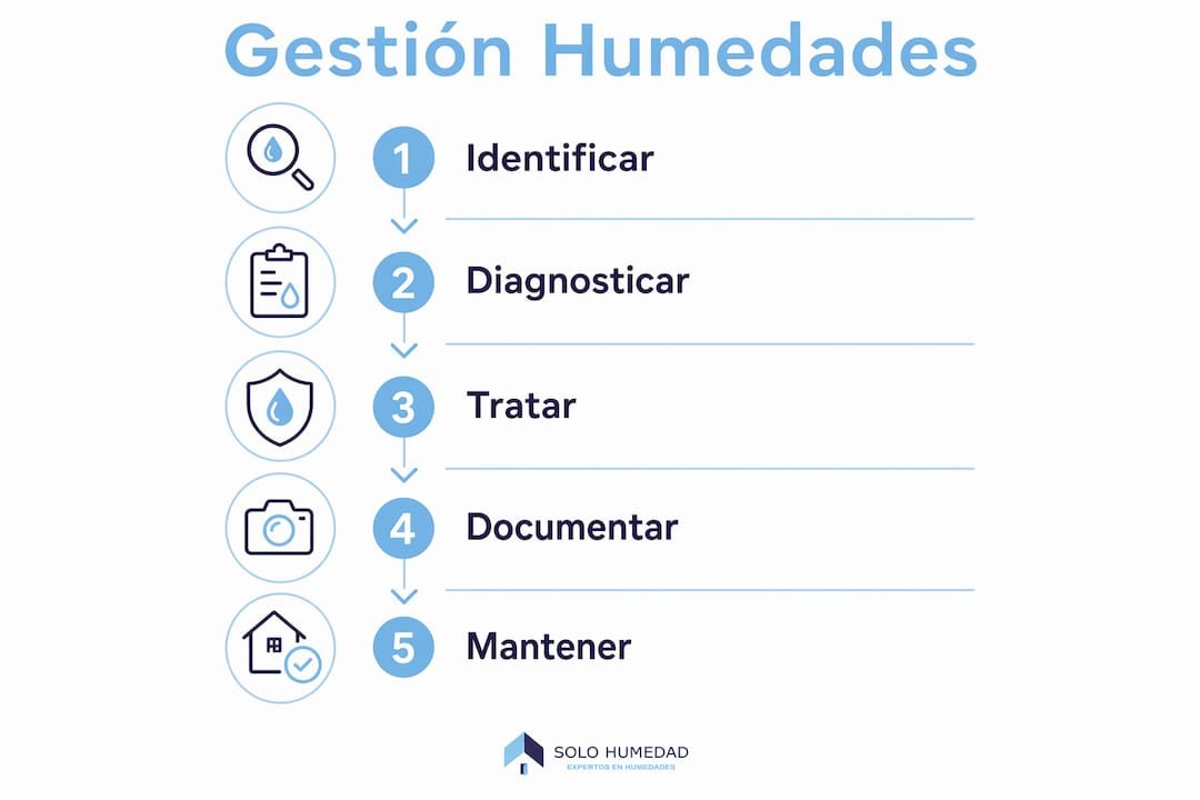 Guía visual con los pasos clave para solucionar problemas de humedad en viviendas de alquiler