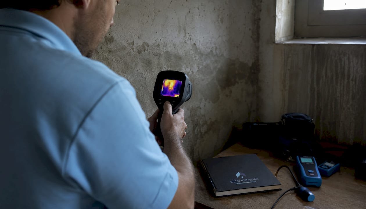 Detectando humedad con una cámara termográfica, se observan manos manipulando el dispositivo.