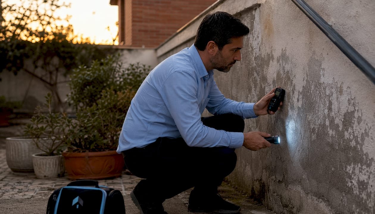 Un especialista, vestido con una camisa azul claro, revisa las humedades en la pared.
