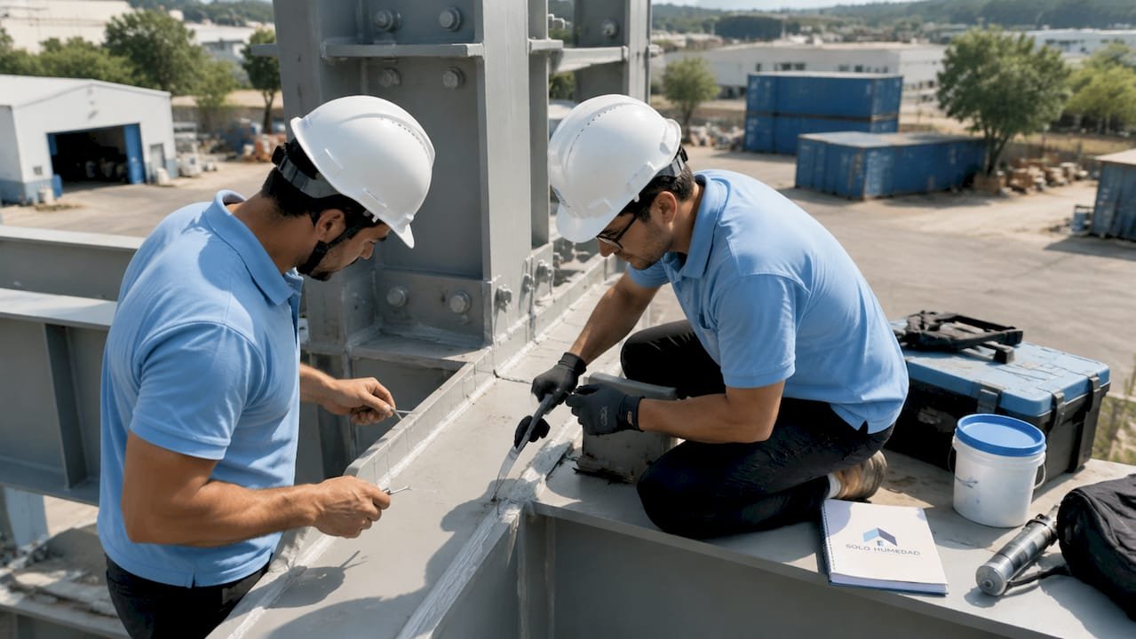 Un grupo de técnicos vestidos con uniformes celestes revisa cuidadosamente el sellado de la estructura.