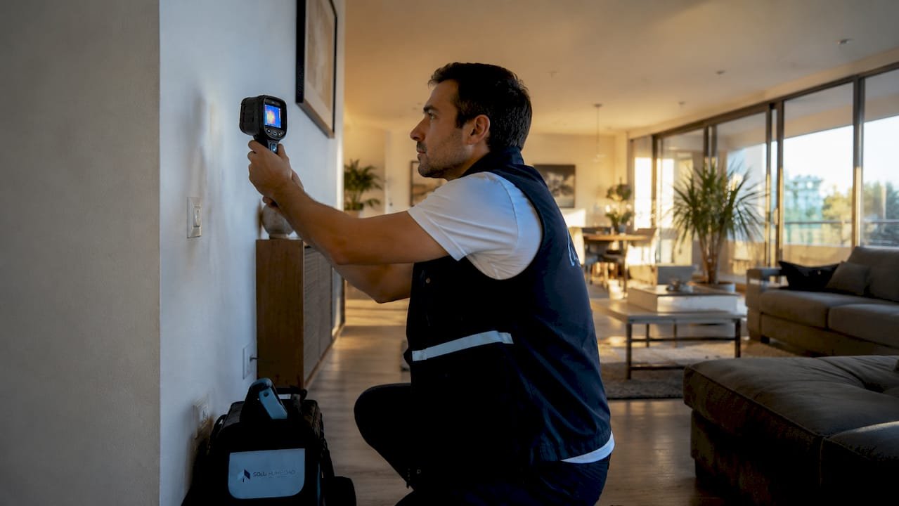 Especialista con camiseta azul claro revisando una pared con una cámara termográfica