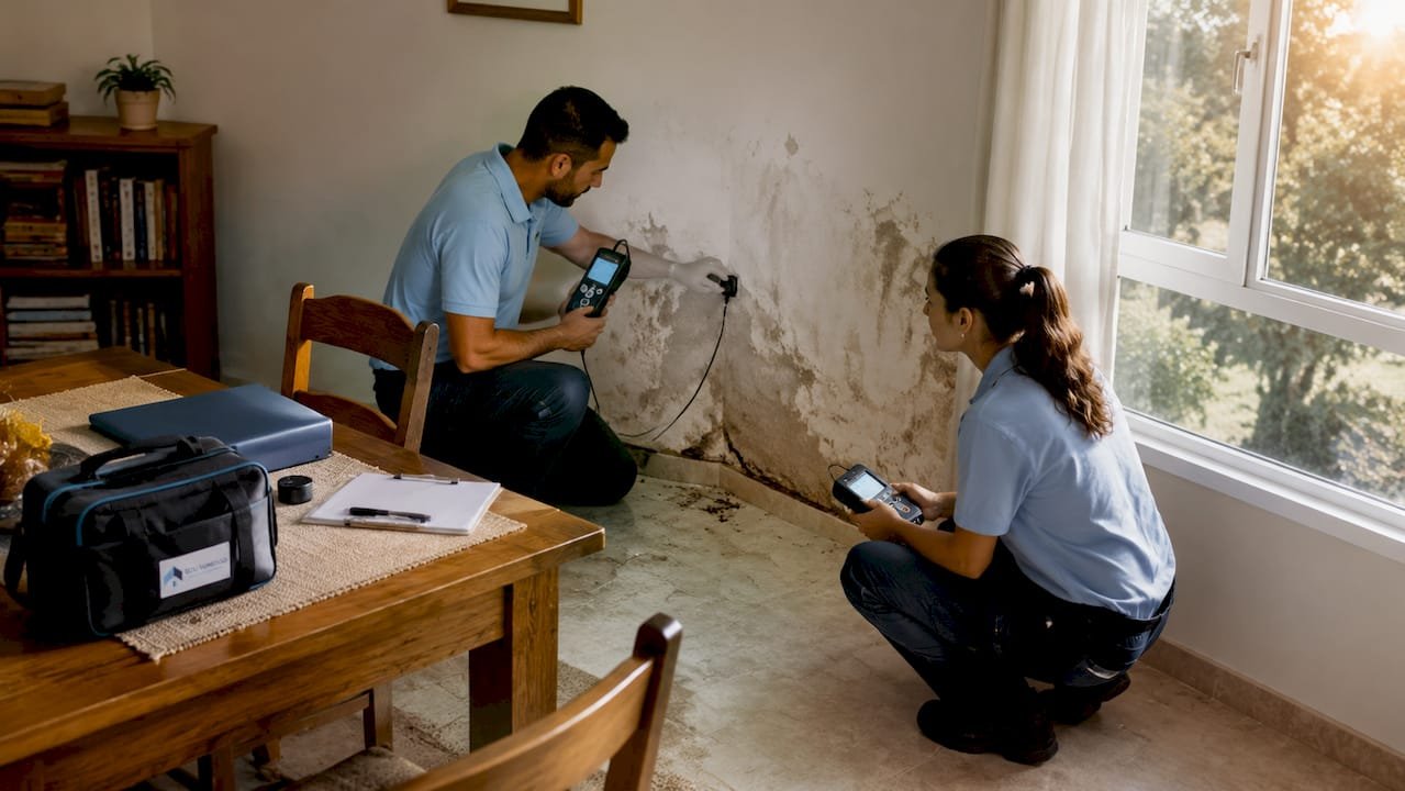 Especialistas inspeccionando la pared para detectar problemas de humedad