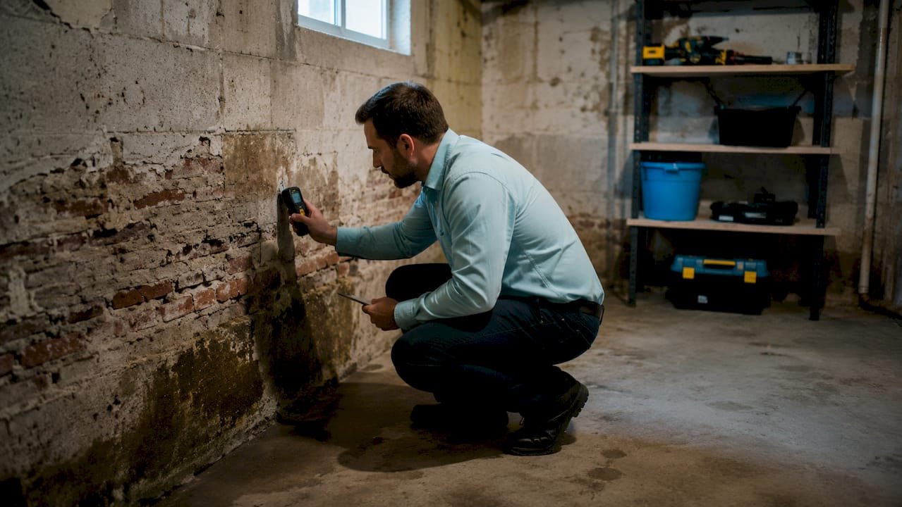 Un especialista inspecciona la humedad en una pared, vistiendo una camisa azul claro.
