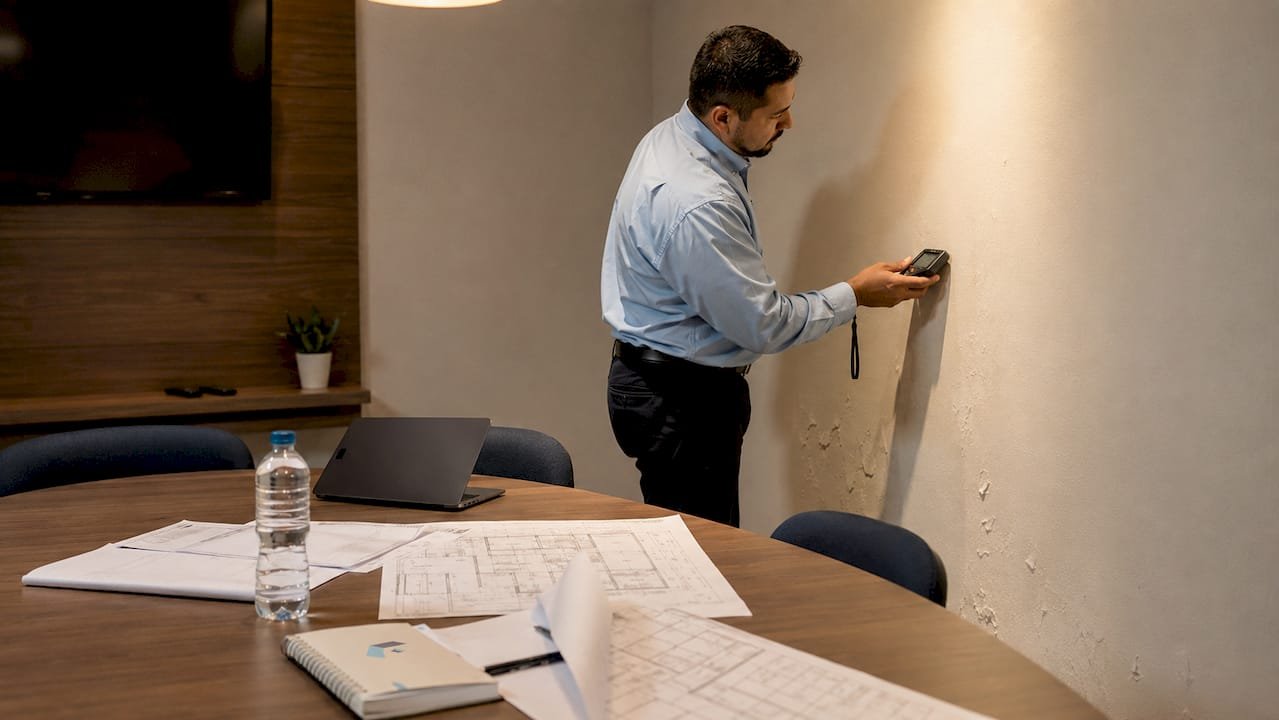 Técnico especializado en revisión de humedad, identificado con camisa celeste.