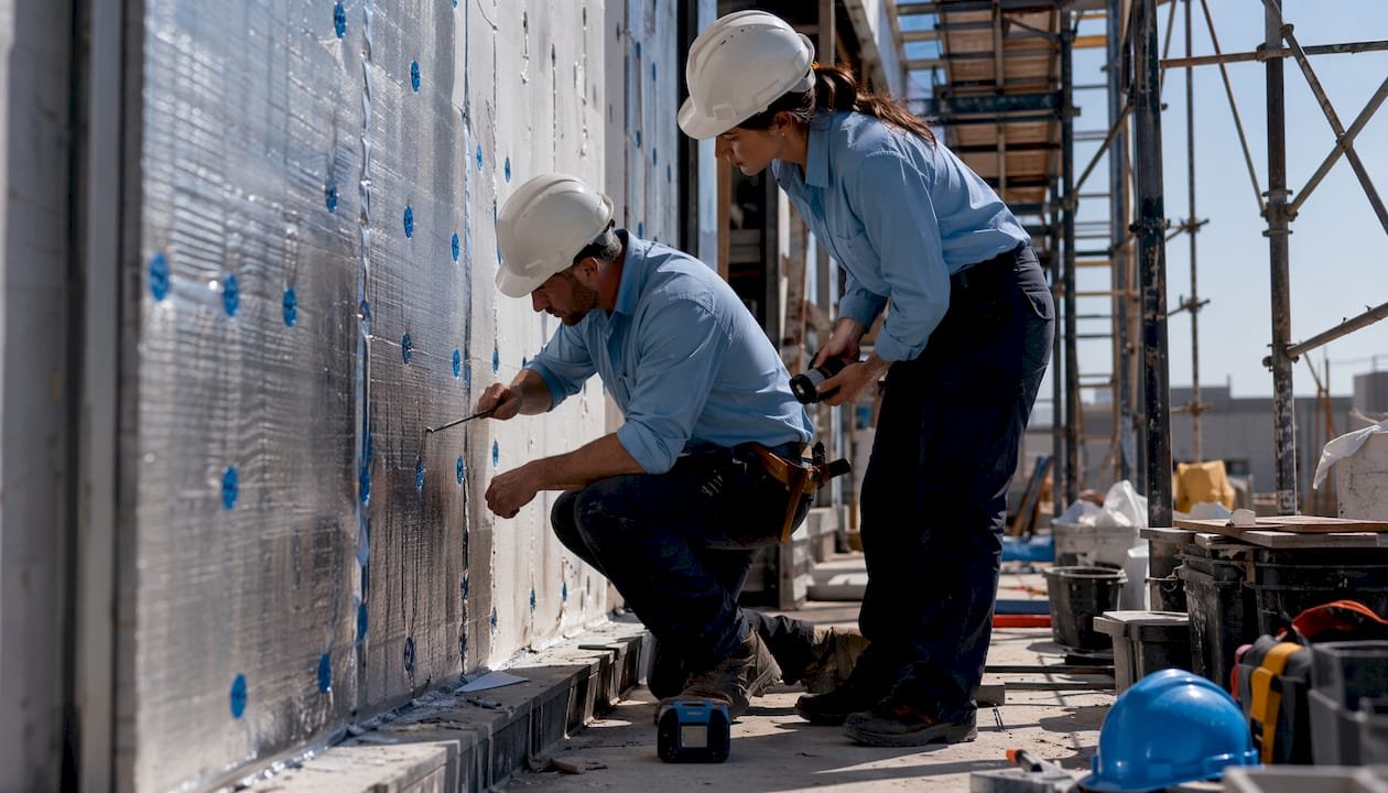 Especialistas inspeccionando la barrera de vapor instalada en la pared