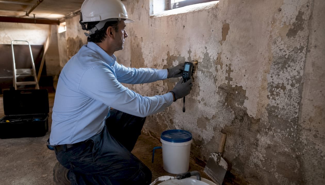 Especialista revisando una pared interior afectada por humedad