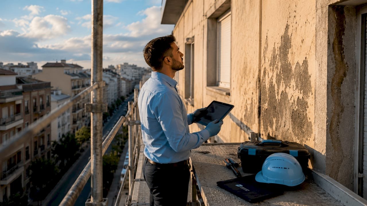 Especialista inspeccionando problemas de humedad en la fachada del edificio
