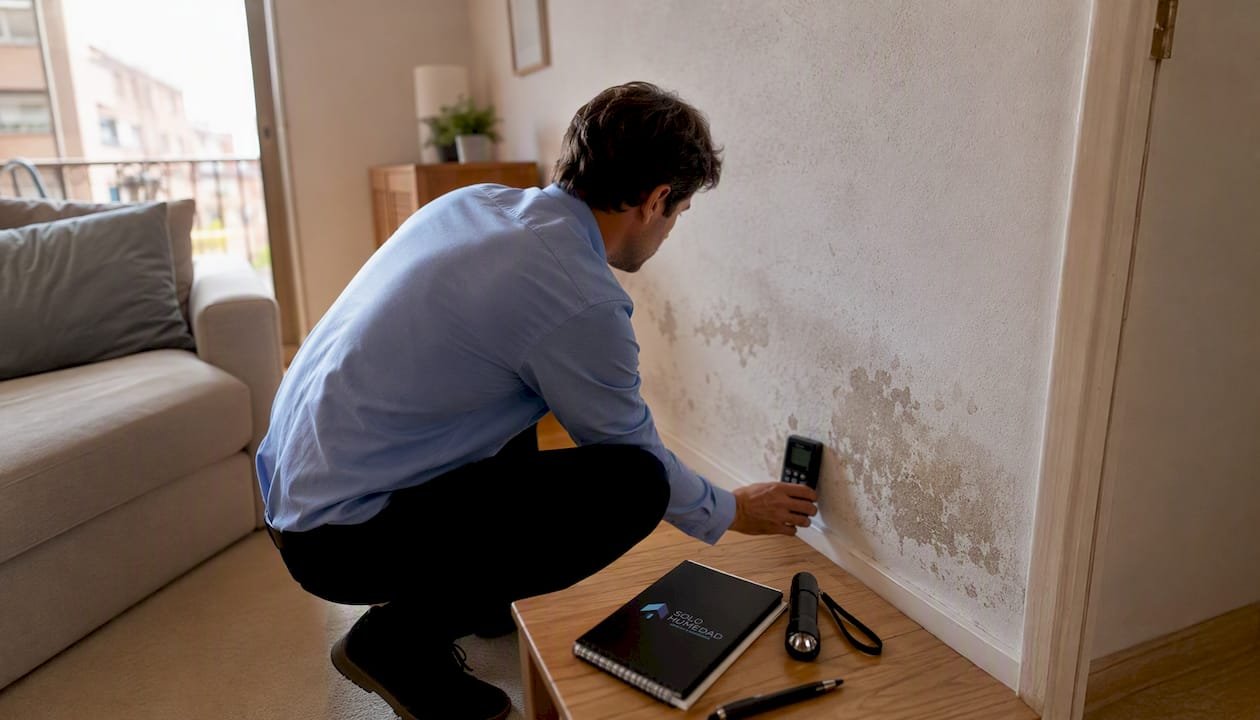 Un técnico, vestido con una camisa celeste, verifica la humedad en una pared interior.