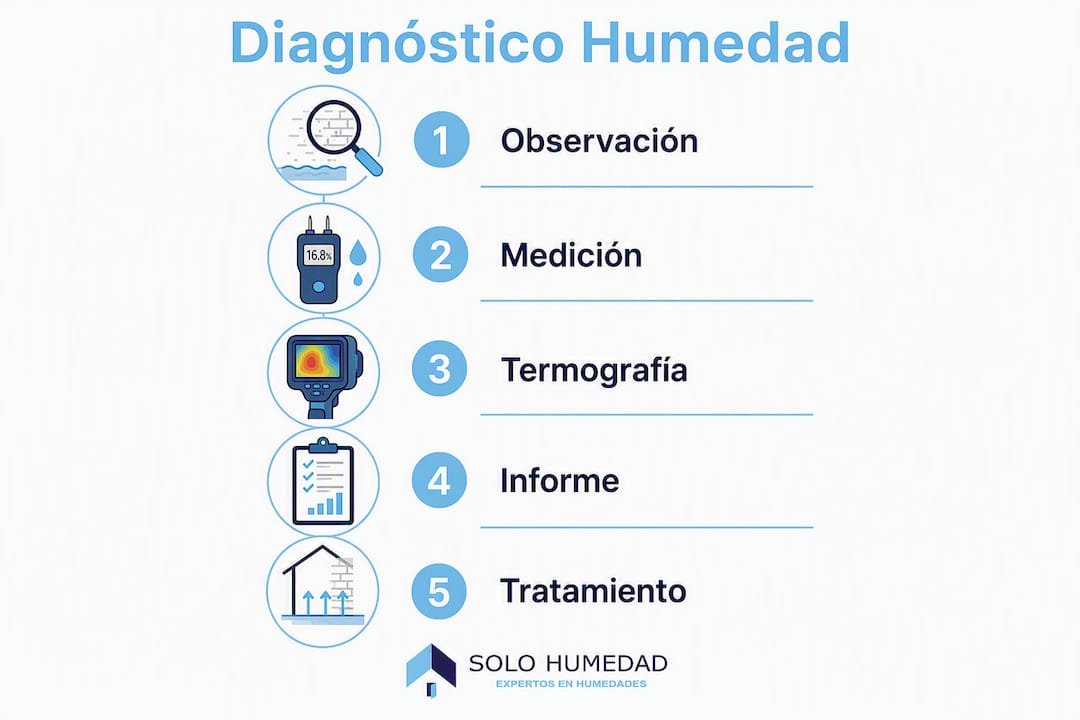 Infografía sobre las etapas del diagnóstico de problemas de humedad