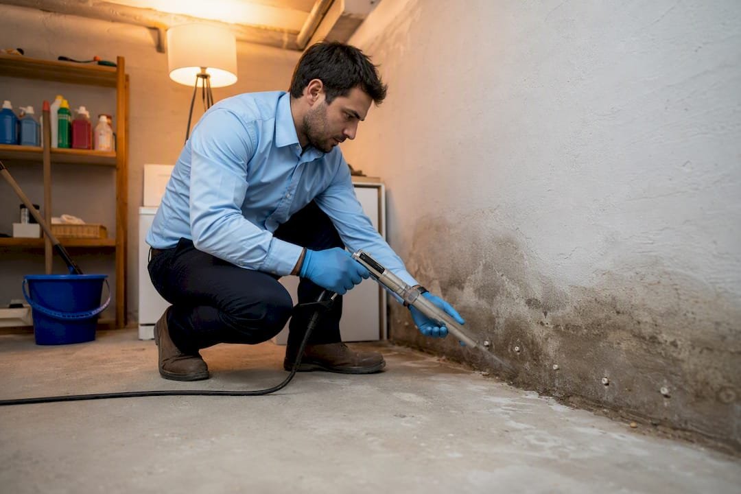 Técnico aplicando barrera química en muro interior