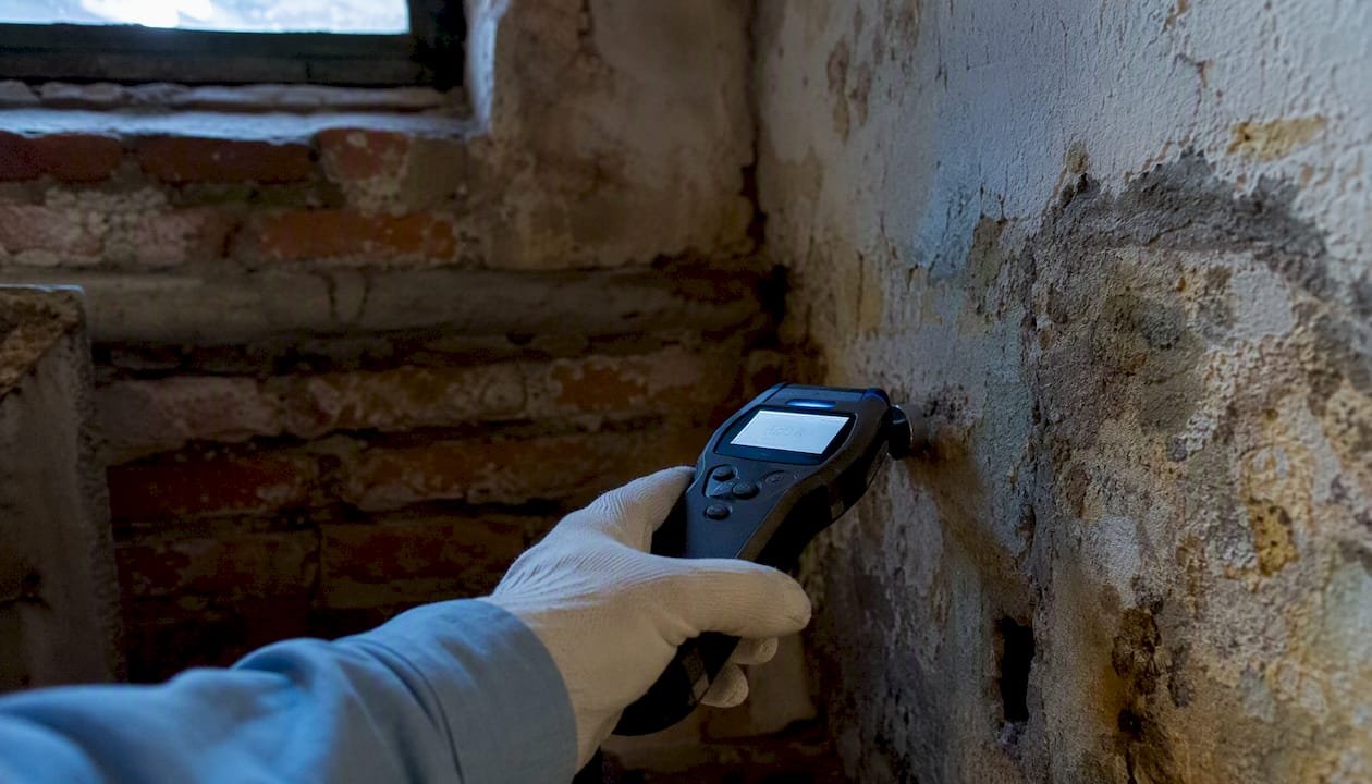 Equipo especializado midiendo el nivel de humedad en la pared