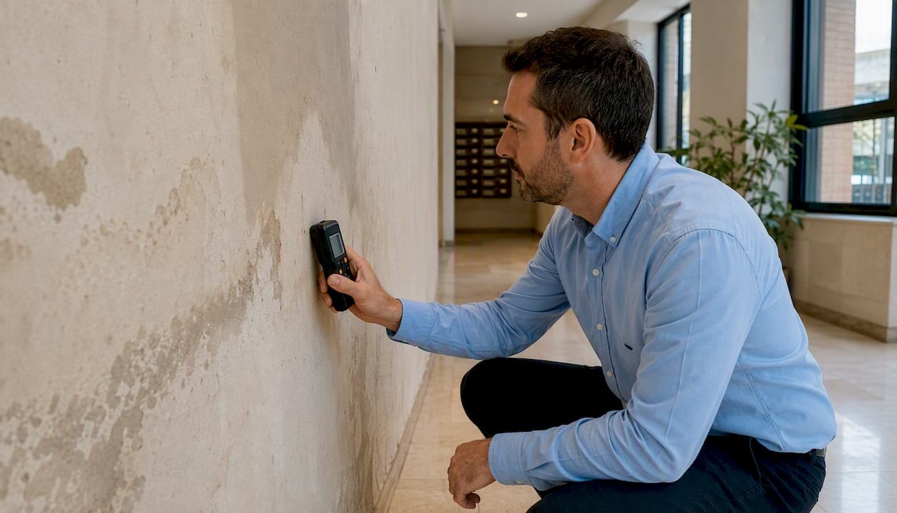 Especialista revisando el nivel de humedad en una pared interior