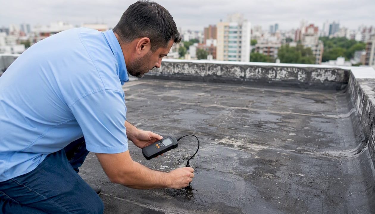 Especialista revisando el estado de una cubierta impermeabilizada