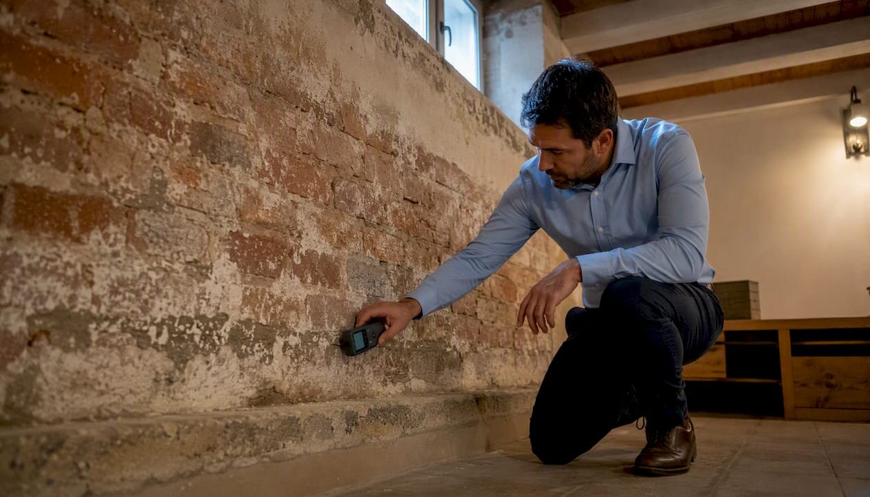 Especialista revisando la humedad en una pared afectada por salitre