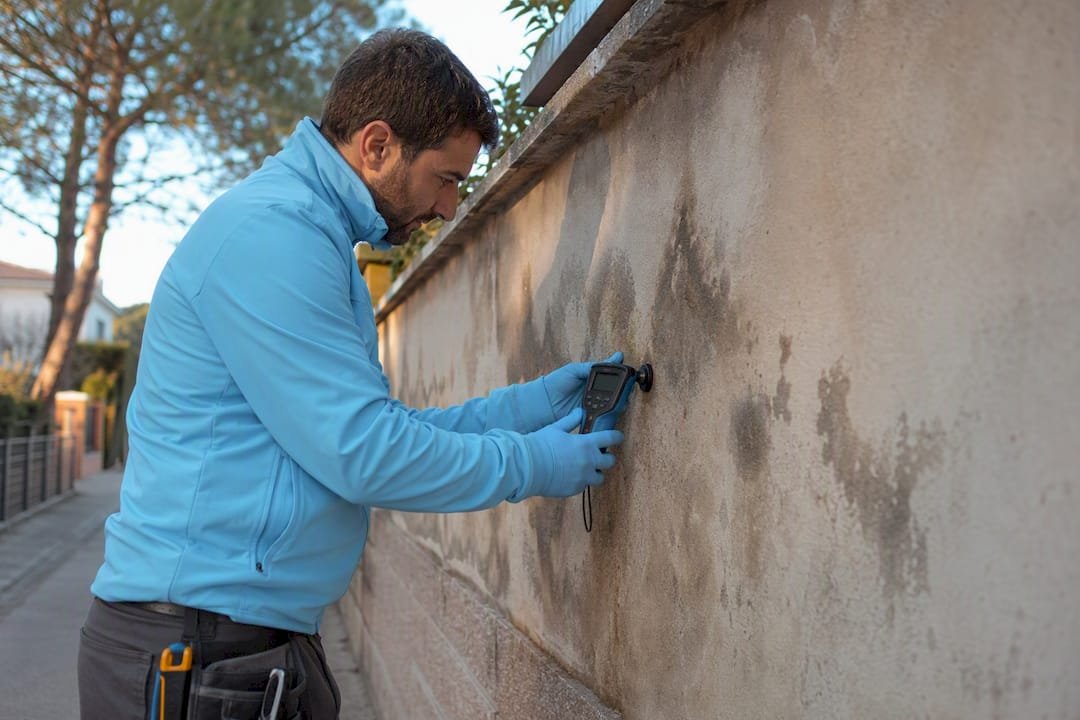 Especialista revisando humedades en la fachada de una comunidad de vecinos