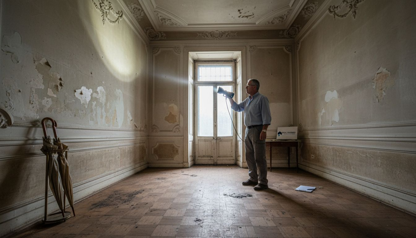 Especialista realizando una revisión de humedades en una casa antigua