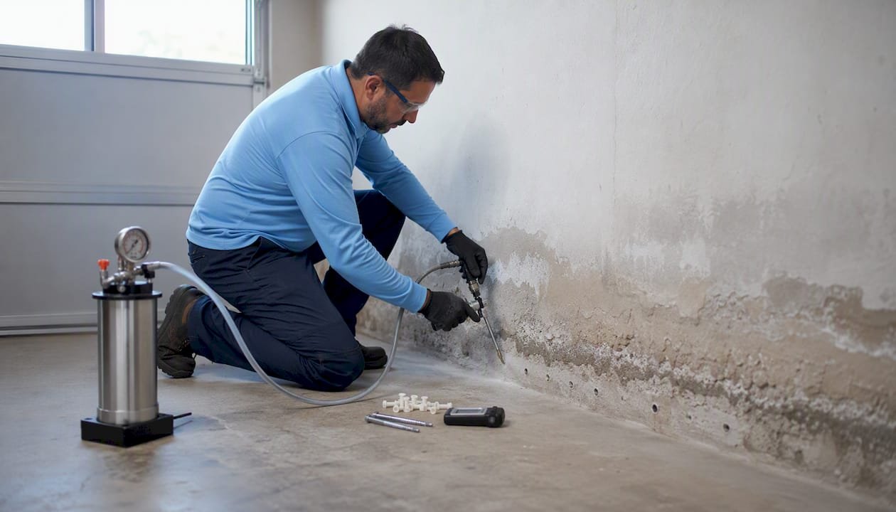 Especialista realizando una inyección química en la pared interior