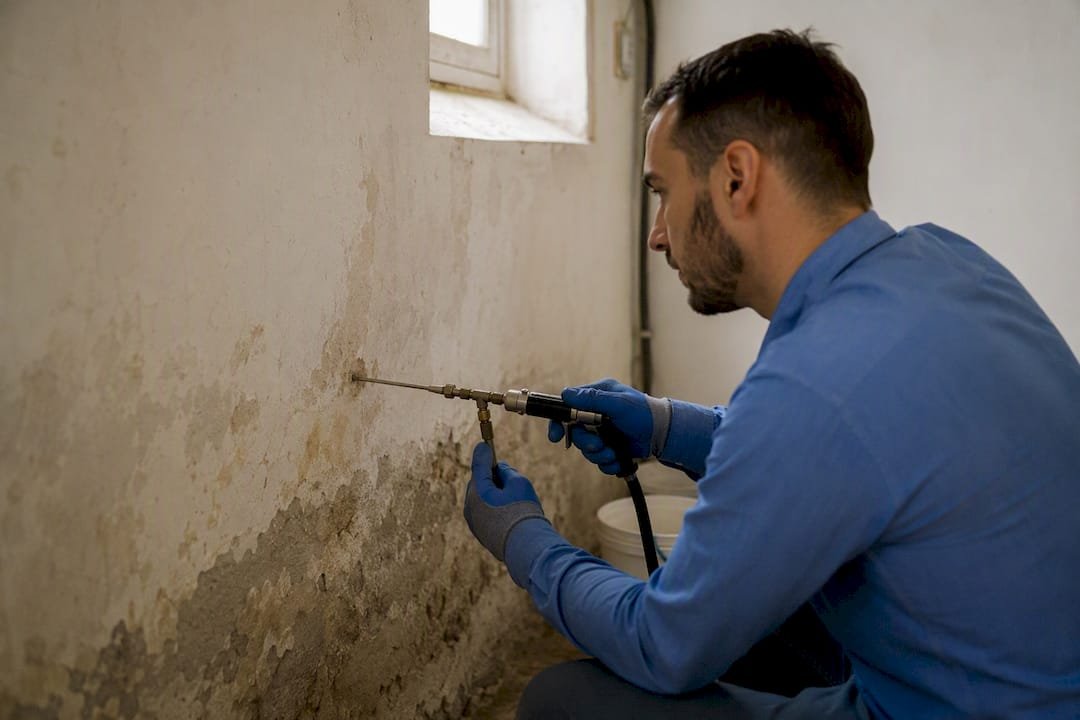 Técnico aplicando resina hidrófuga en una pared