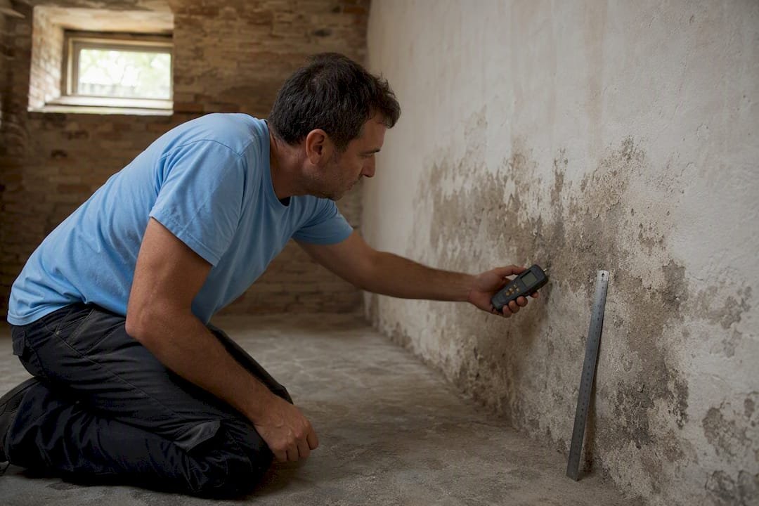 Un especialista revisa la humedad en una pared antigua para detectar posibles problemas.