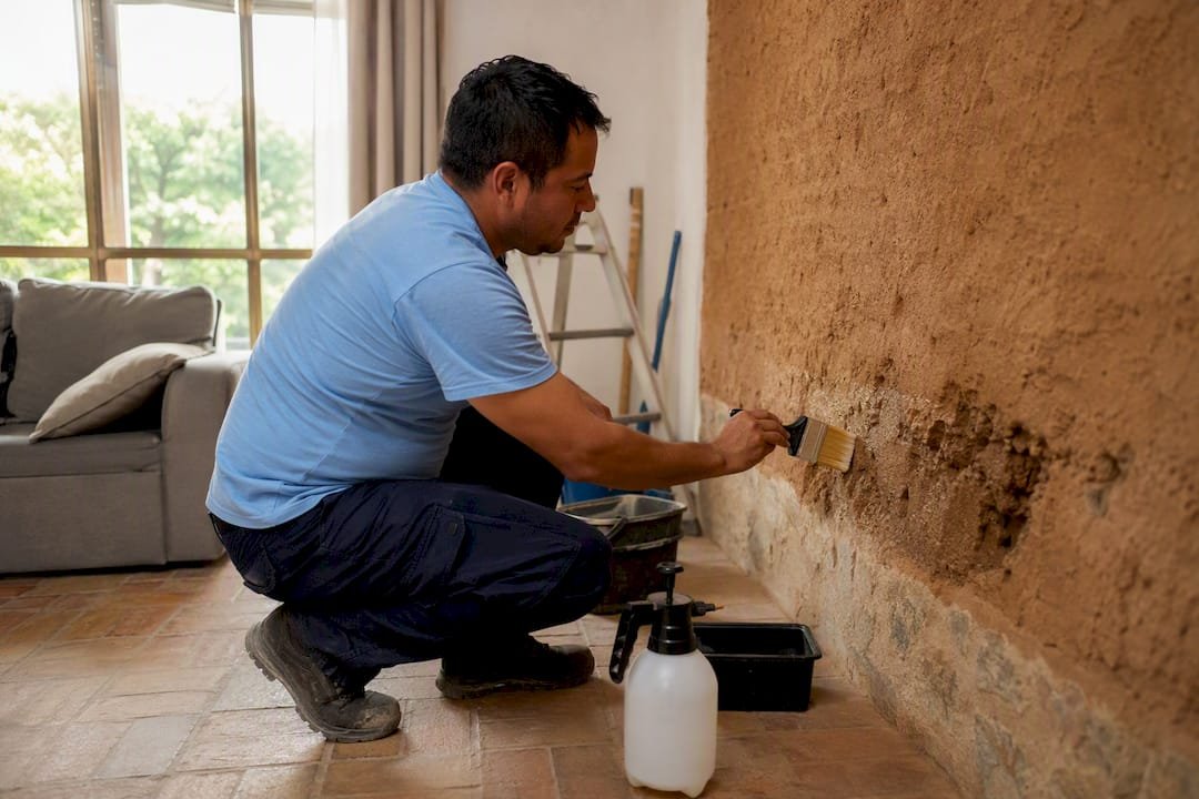 Técnico aplicando tratamiento contra la humedad en muro de tapial