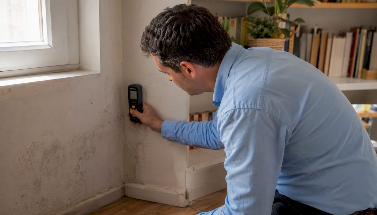 Especialista revisando la aparición de humedad en una pared interior