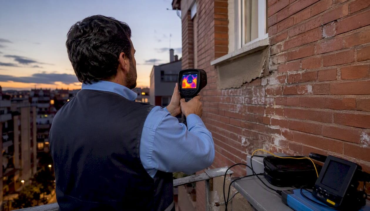 Especialista en fachadas realizando inspección con cámara termográfica