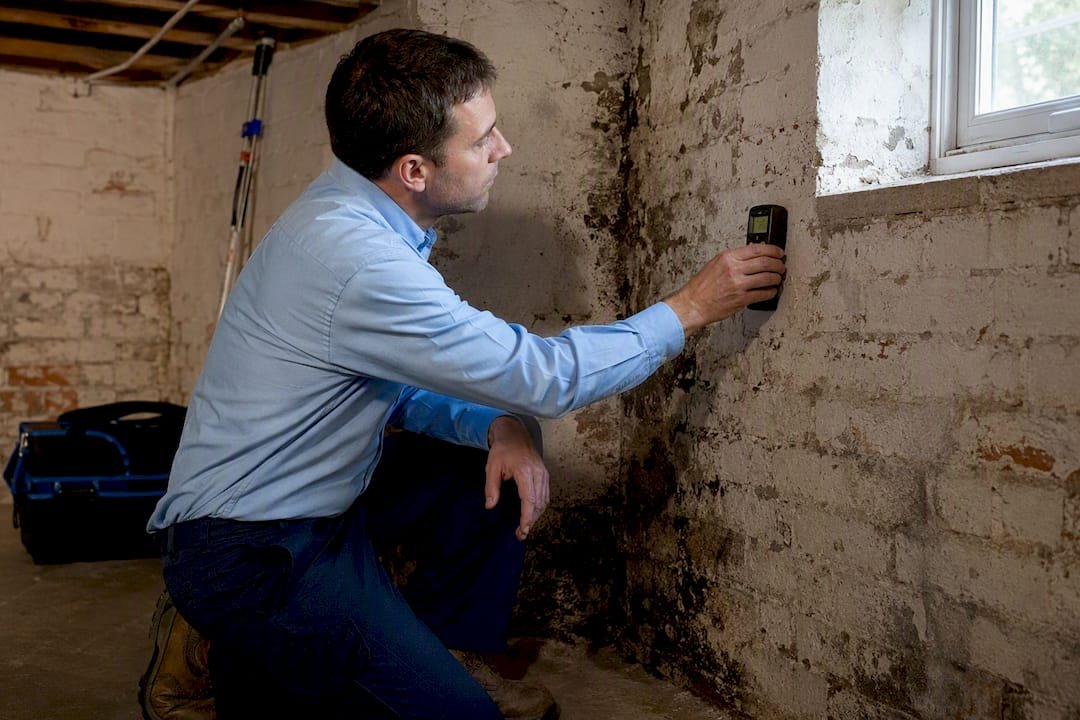 Un especialista revisa la humedad en una pared afectada por moho.