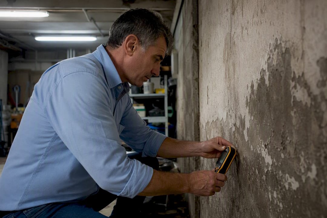 Técnico midiendo la humedad en una pared dañada