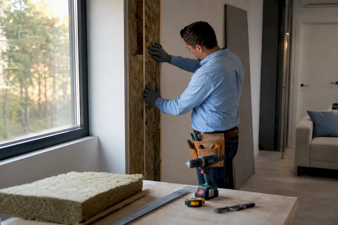 Técnico colocando aislamiento térmico en un armario