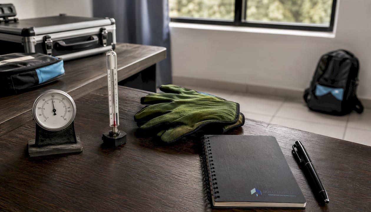 Mesa equipada con instrumentos para medir la humedad