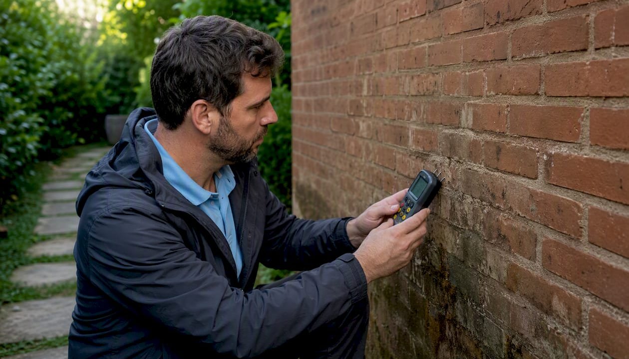 Inspector realizando una medición en una pared húmeda de la comunidad