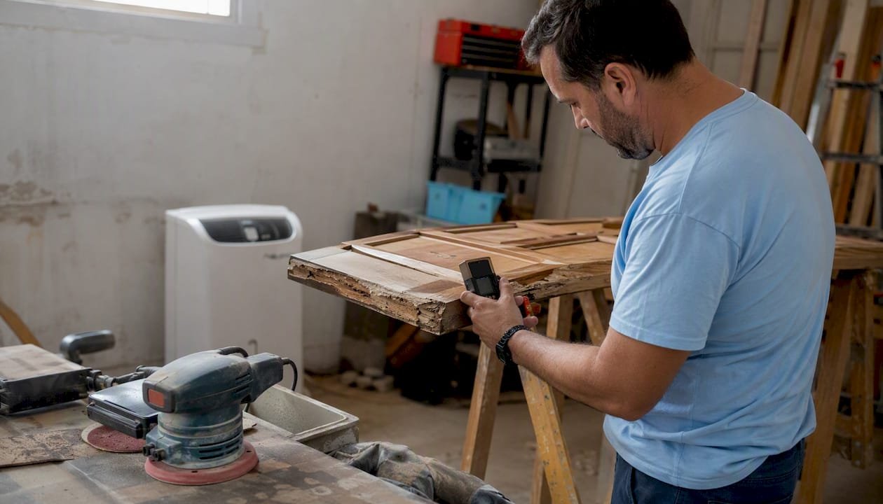 Un técnico vestido con camiseta celeste revisa la humedad de una puerta interior que se ha hinchado.