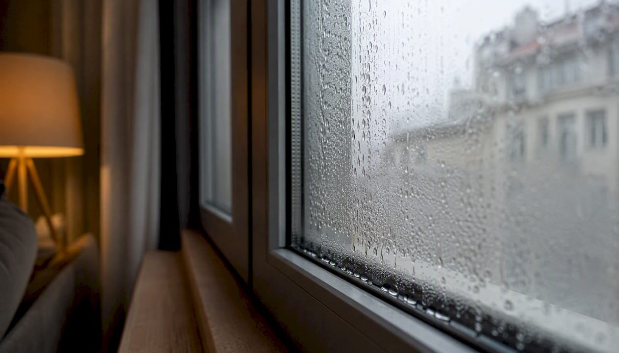Gotas de agua condensadas sobre el vidrio de la ventana